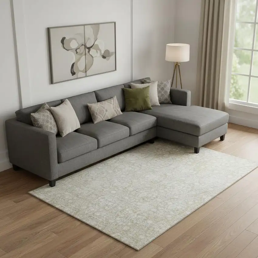 Tan And Ivory Damask Washable Area Rug With UV Protection Photo 2