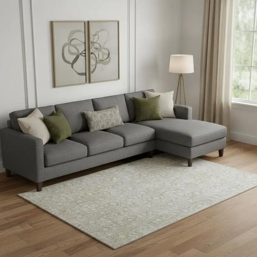 Tan And Ivory Damask Washable Area Rug With UV Protection Photo 2