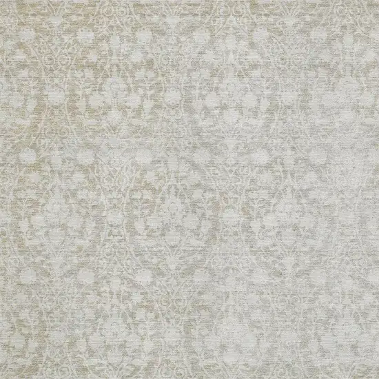 Tan And Ivory Damask Washable Area Rug With UV Protection Photo 2