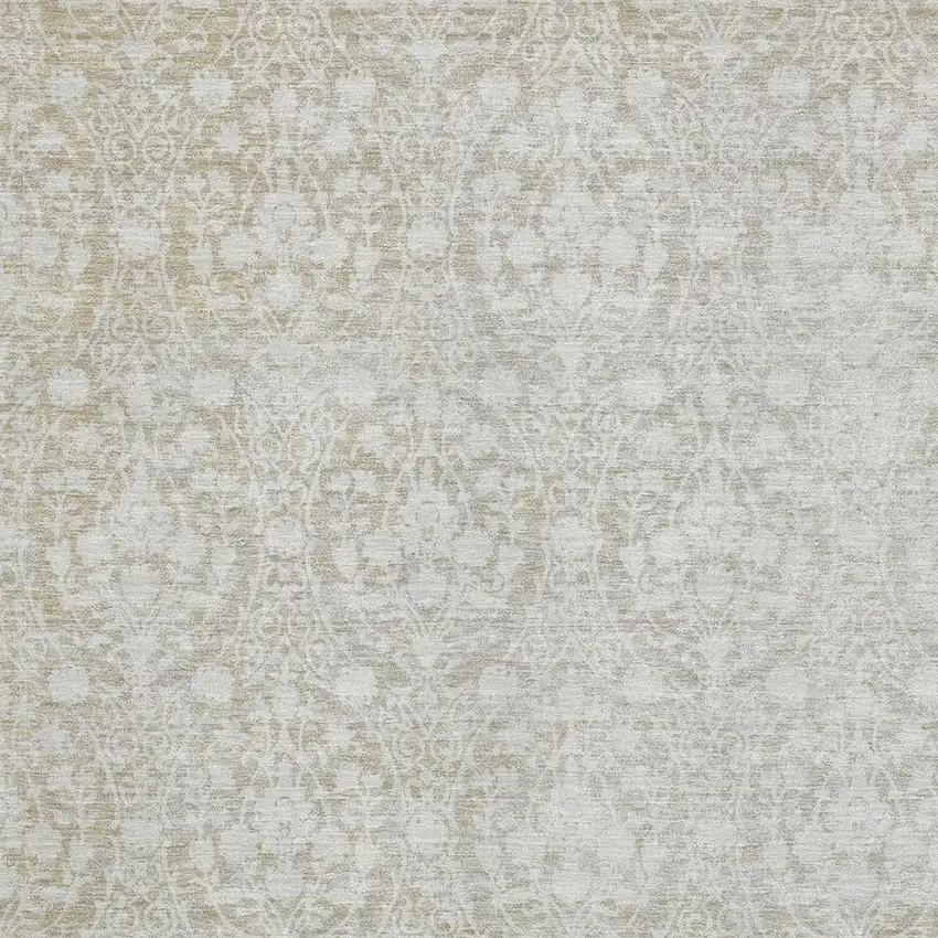 Tan And Ivory Damask Washable Area Rug With UV Protection Photo 2