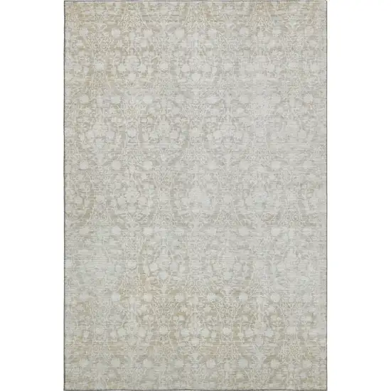 Tan And Ivory Damask Washable Area Rug With UV Protection Photo 1