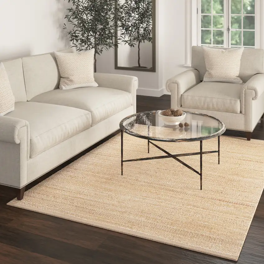 Tan And Ivory Jute Striped Hand Woven Area Rug Photo 5