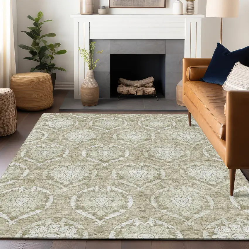 Tan And Ivory Medallion Washable Area Rug With UV Protection Photo 6