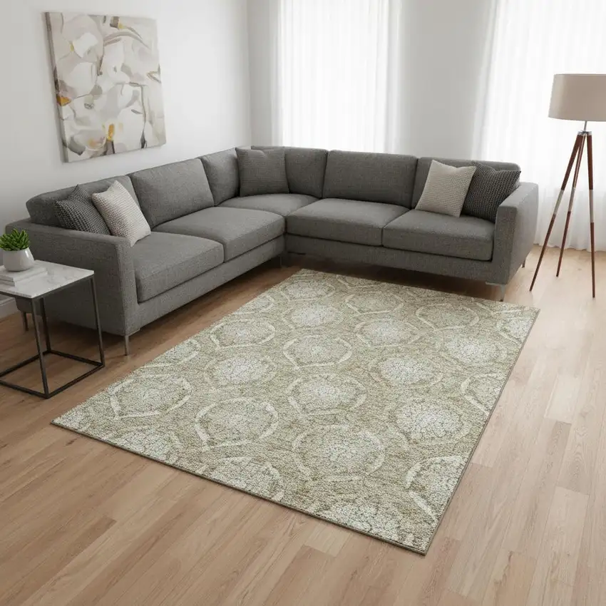 Tan And Ivory Medallion Washable Area Rug With UV Protection Photo 2