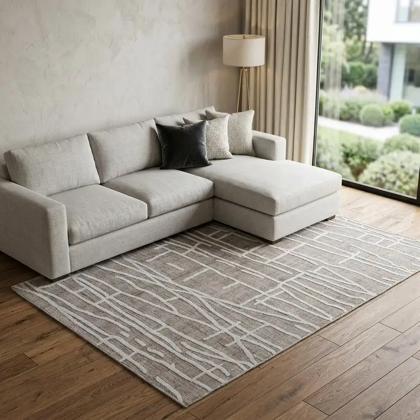 Tan And Ivory Wool Abstract Hand Tufted Area Rug Photo 1