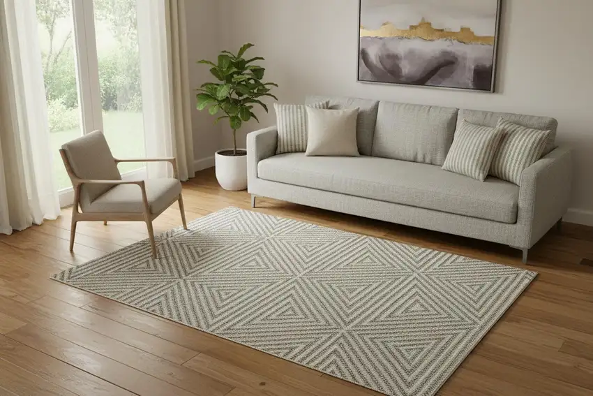 Tan And Ivory Wool Geometric Hand Woven Area Rug With Fringe Photo 1