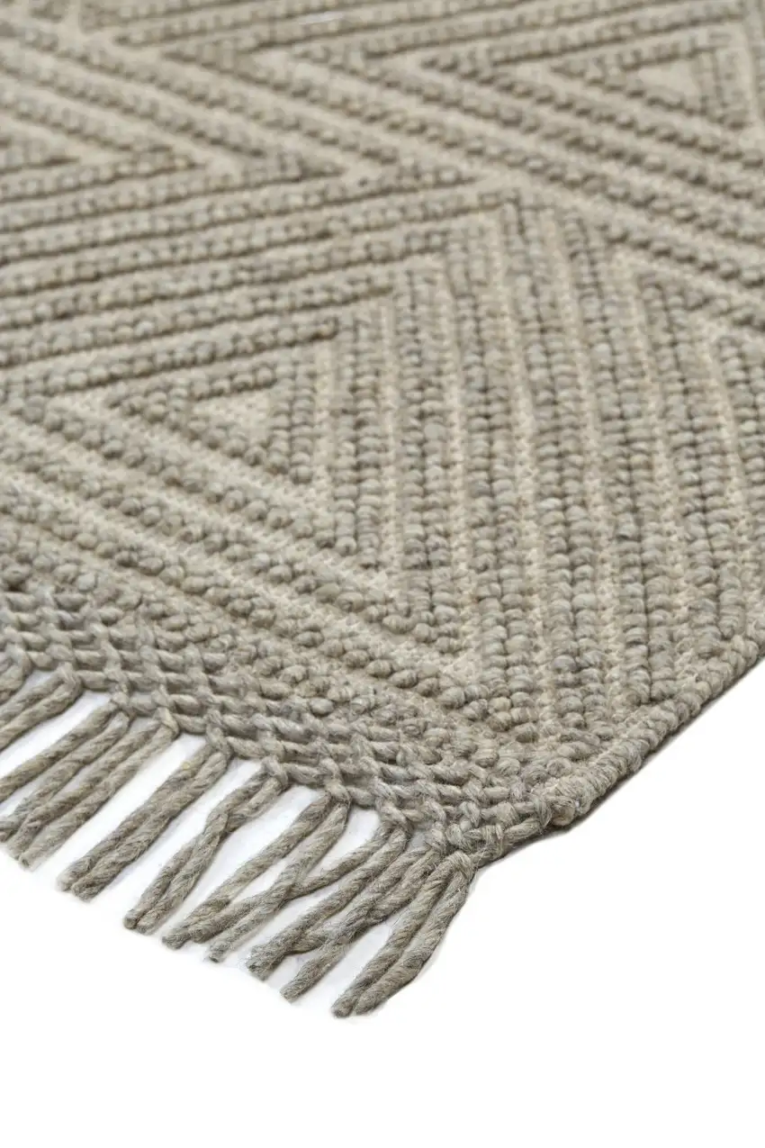 Tan And Ivory Wool Geometric Hand Woven Area Rug With Fringe Photo 4