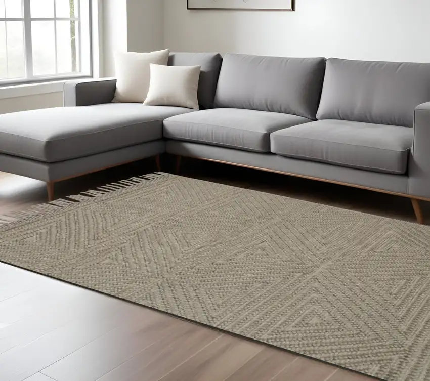 Tan and Ivory Wool Geometric Hand Woven Area Rug With Fringe Photo 1