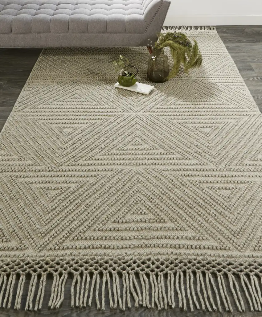 Tan And Ivory Wool Geometric Hand Woven Area Rug With Fringe Photo 6