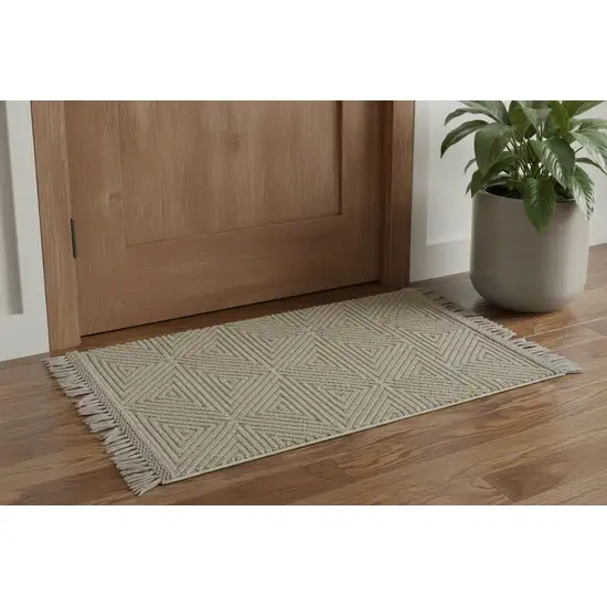 Tan And Ivory Wool Geometric Hand Woven Area Rug With Fringe Photo 1