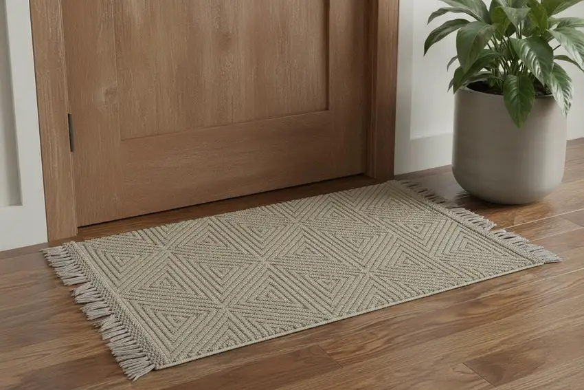 Tan And Ivory Wool Geometric Hand Woven Area Rug With Fringe Photo 1