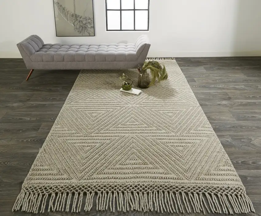Tan And Ivory Wool Geometric Hand Woven Area Rug With Fringe Photo 5