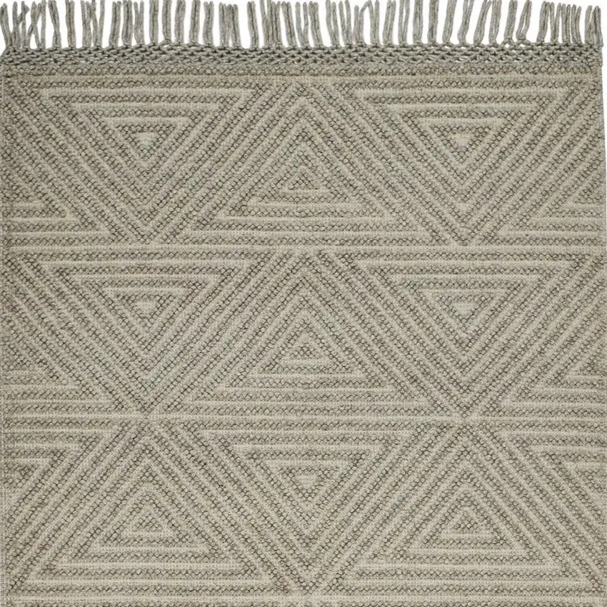 Tan And Ivory Wool Geometric Hand Woven Area Rug With Fringe Photo 5