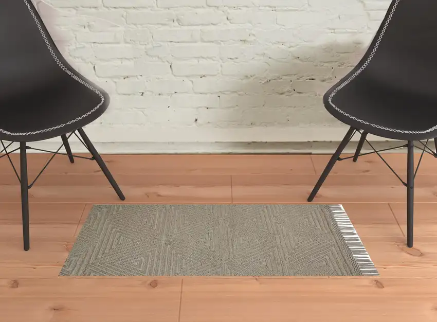 Tan And Ivory Wool Geometric Hand Woven Area Rug With Fringe Photo 2
