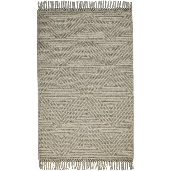 Tan And Ivory Wool Geometric Hand Woven Area Rug With Fringe Photo 2
