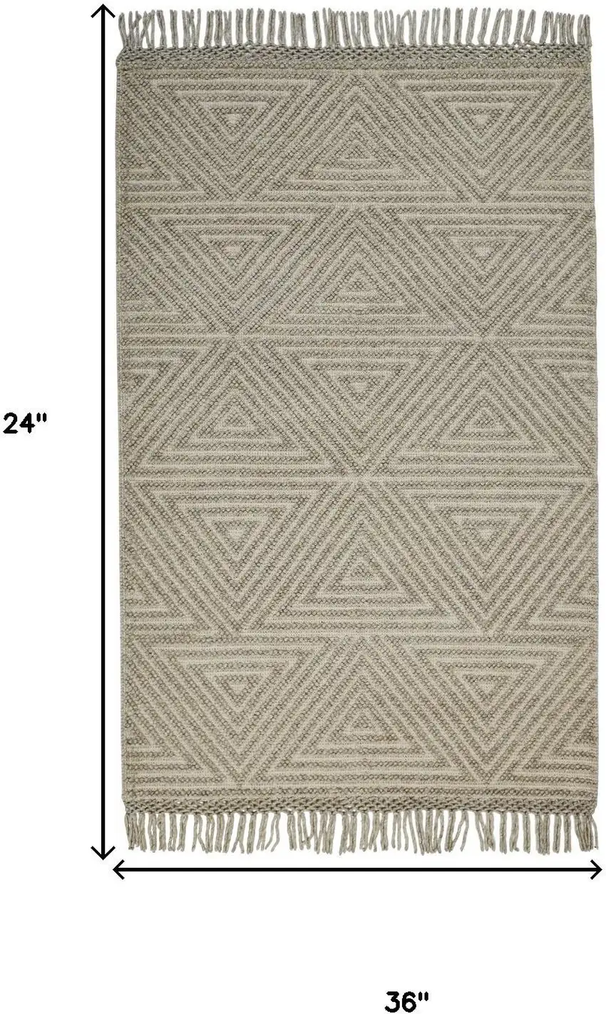 Tan And Ivory Wool Geometric Hand Woven Area Rug With Fringe Photo 3