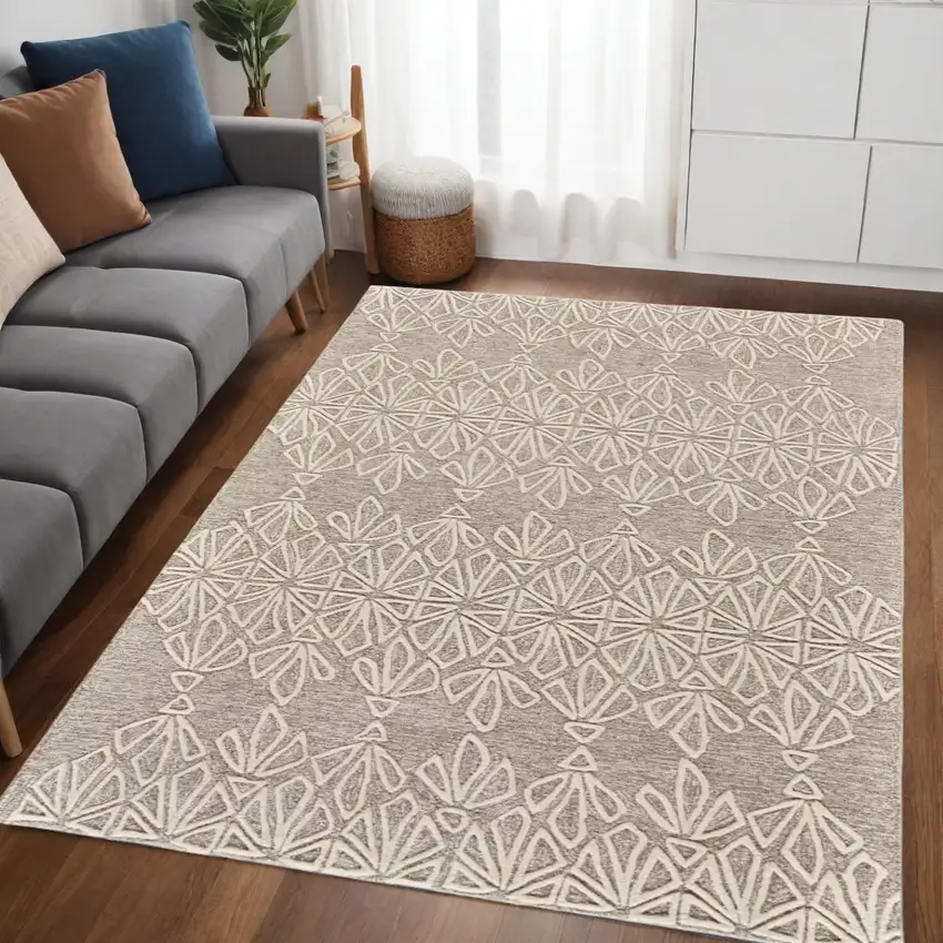 Tan And Ivory Wool Geometric Tufted Handmade Stain Resistant Area Rug Photo 2