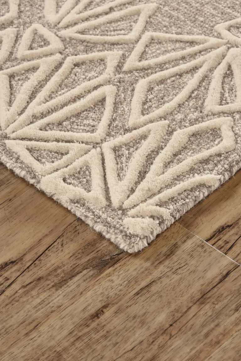 Tan And Ivory Wool Geometric Tufted Handmade Stain Resistant Area Rug Photo 2
