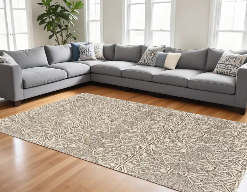 Tan And Ivory Wool Geometric Tufted Handmade Stain Resistant Area Rug Photo 1