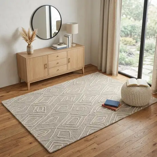 Tan And Ivory Wool Geometric Tufted Handmade Stain Resistant Area Rug Photo 1