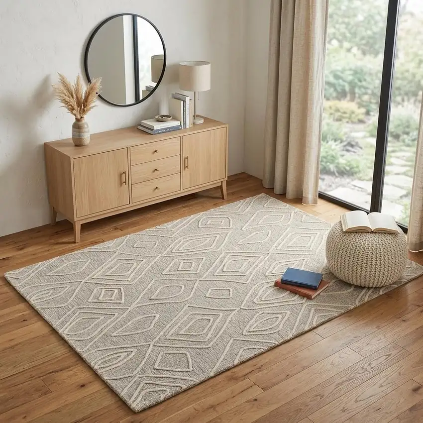 Tan And Ivory Wool Geometric Tufted Handmade Stain Resistant Area Rug Photo 1