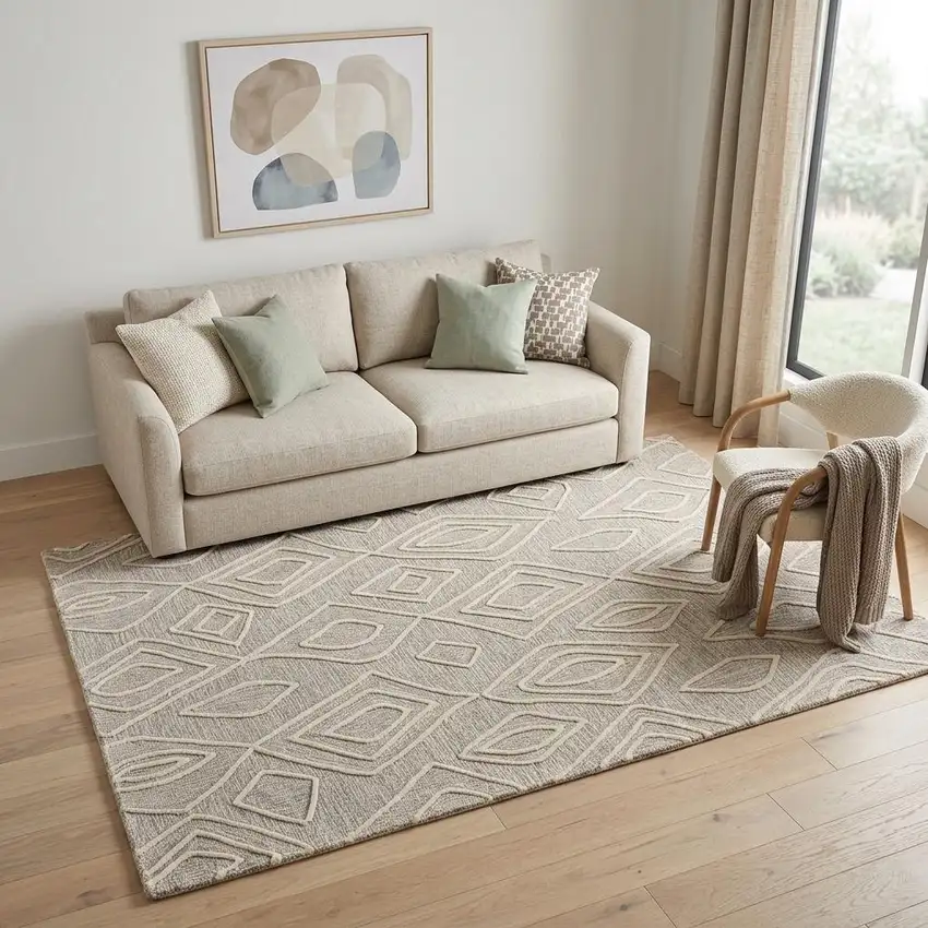 Tan And Ivory Wool Geometric Tufted Handmade Stain Resistant Area Rug Photo 1