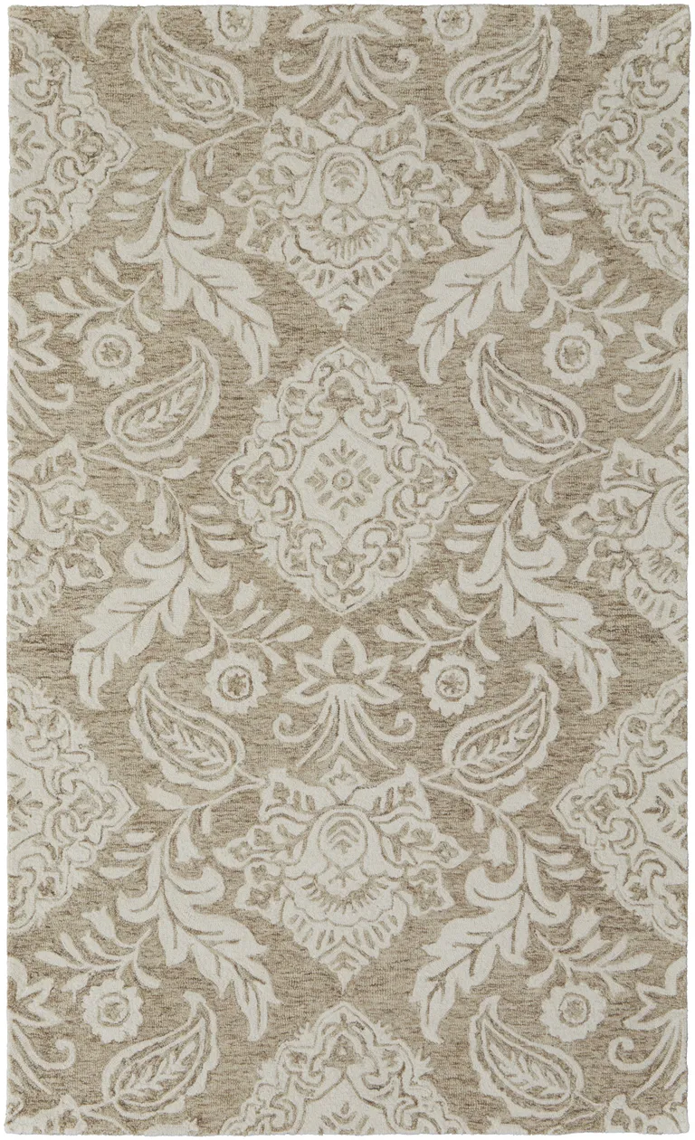 Tan And Ivory Wool Paisley Tufted Handmade Stain Resistant Area Rug Photo 2