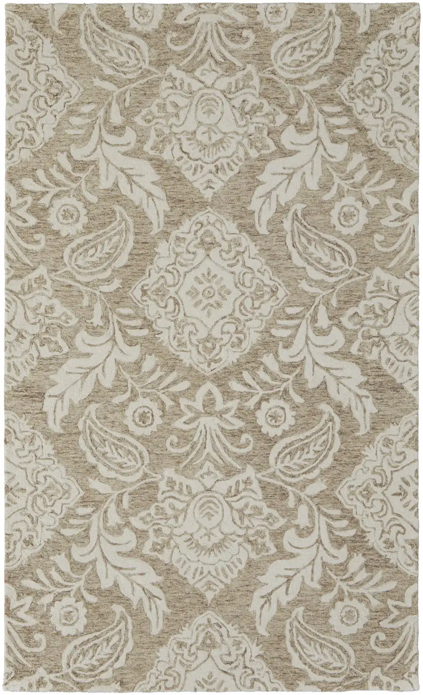 Tan And Ivory Wool Paisley Tufted Handmade Stain Resistant Area Rug Photo 2
