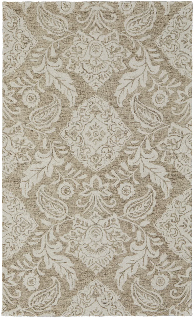 Tan And Ivory Wool Paisley Tufted Handmade Stain Resistant Area Rug Photo 2