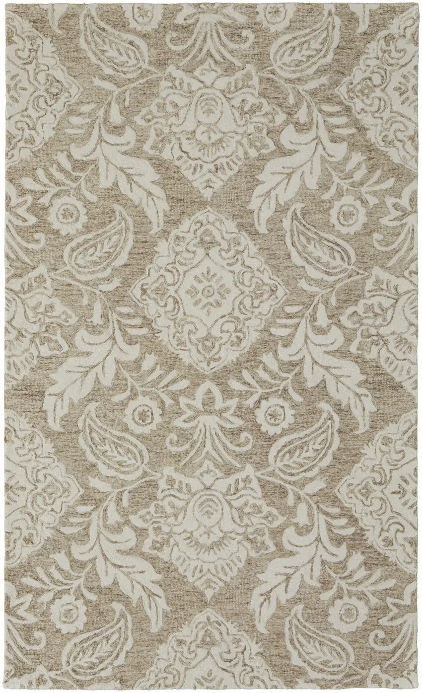 Tan And Ivory Wool Paisley Tufted Handmade Stain Resistant Area Rug Photo 1
