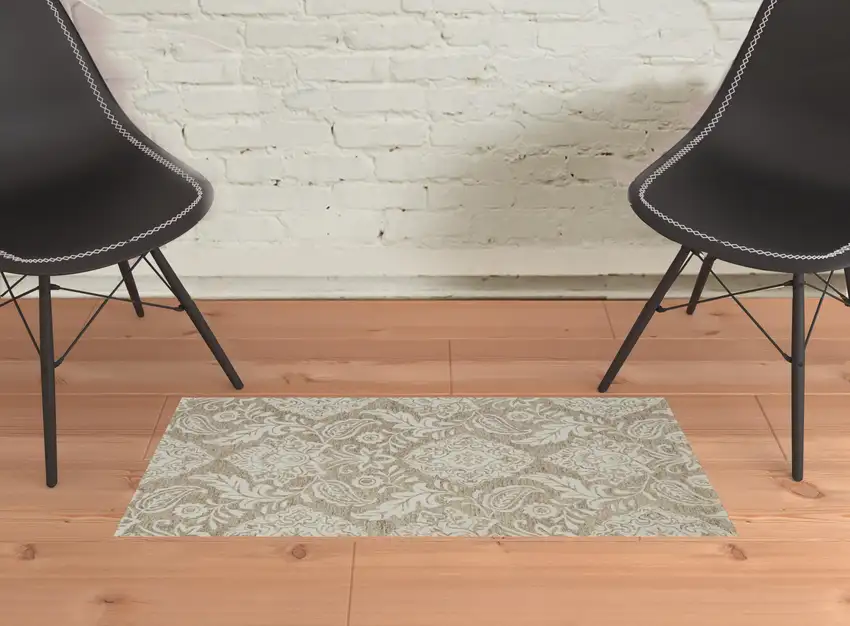 Tan And Ivory Wool Paisley Tufted Handmade Stain Resistant Area Rug Photo 2