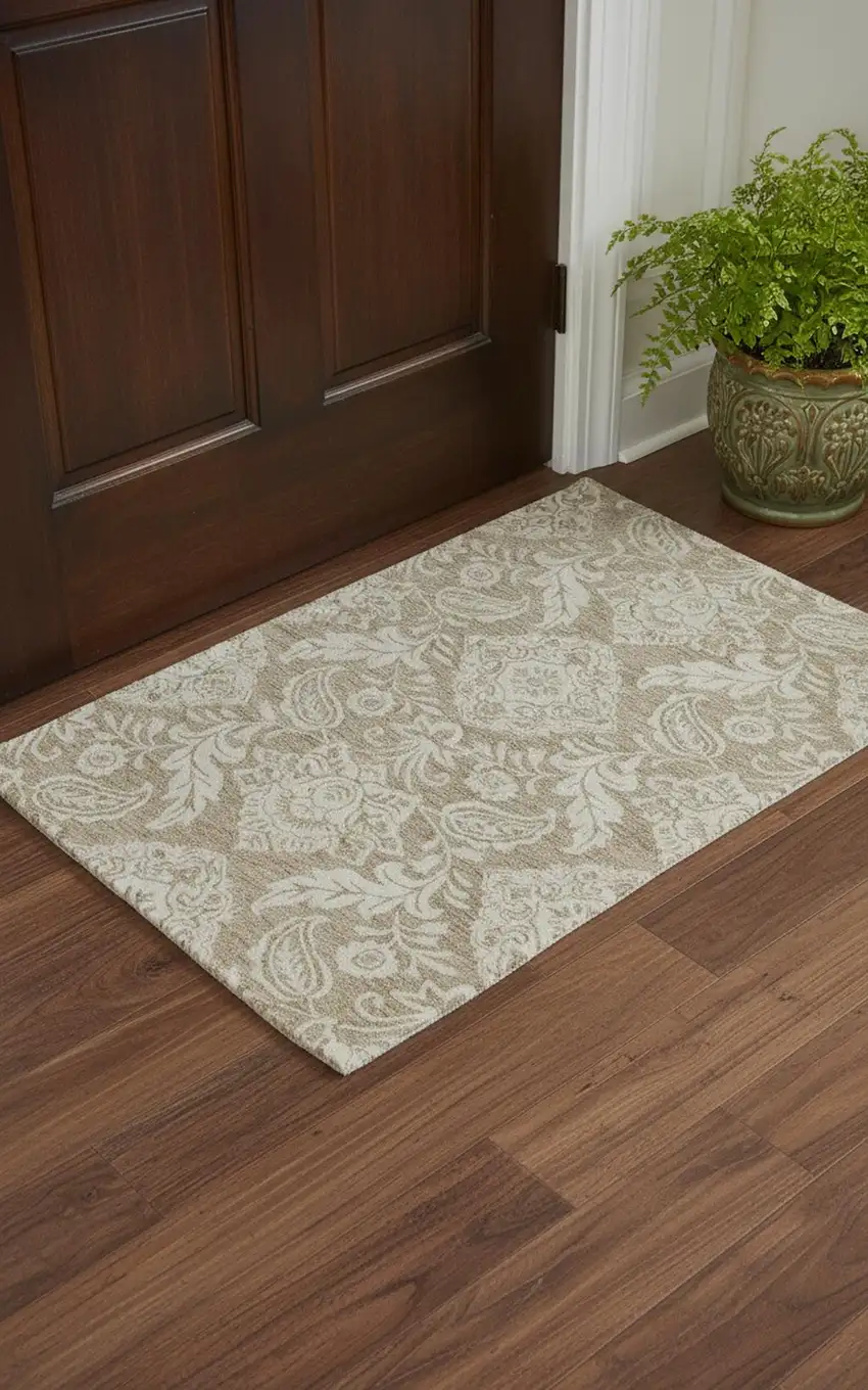 Tan And Ivory Wool Paisley Tufted Handmade Stain Resistant Area Rug Photo 1