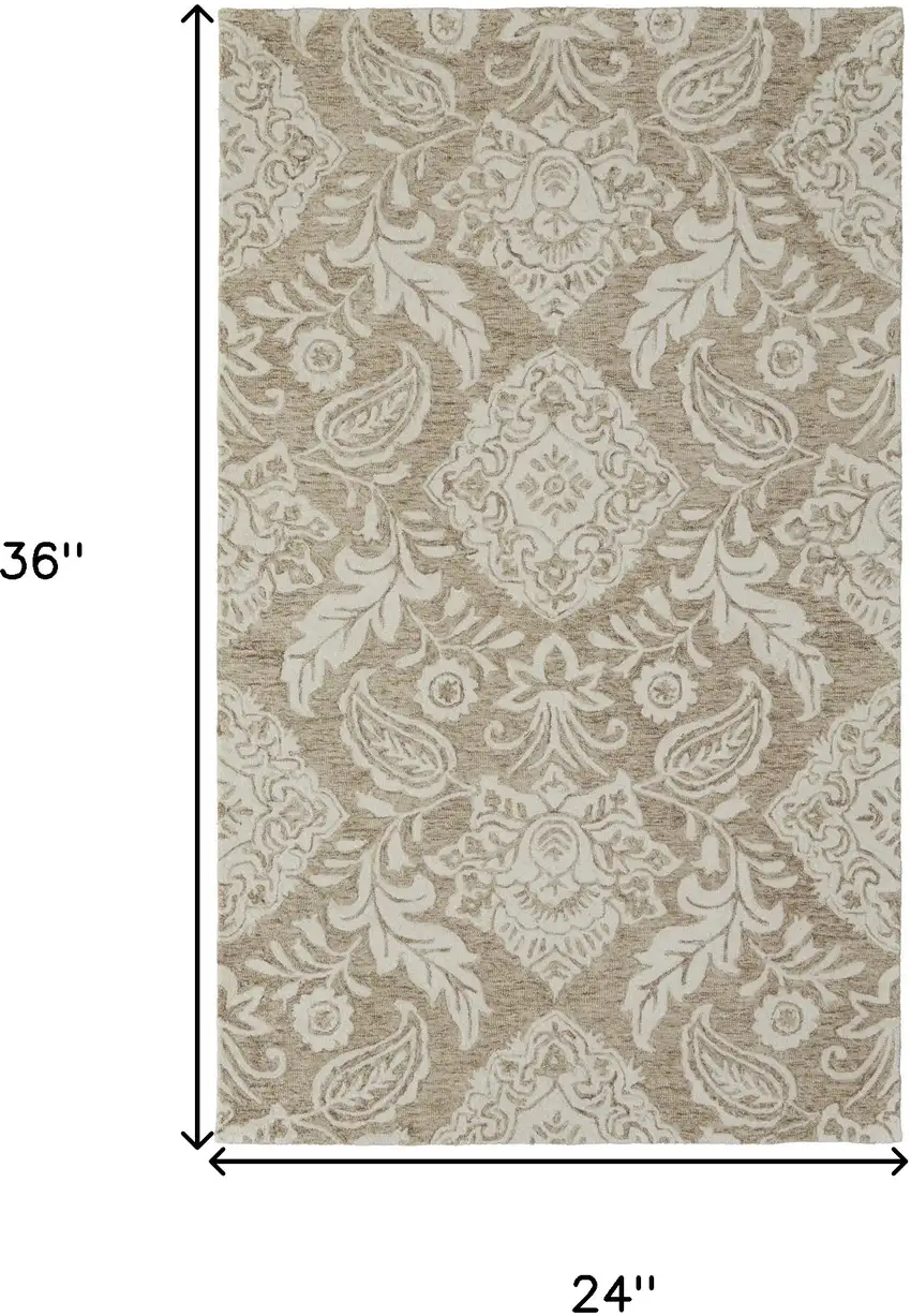 Tan And Ivory Wool Paisley Tufted Handmade Stain Resistant Area Rug Photo 10