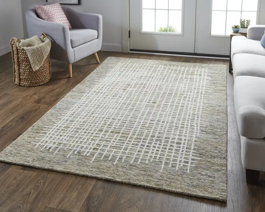 Tan And Ivory Wool Plaid Tufted Handmade Stain Resistant Area Rug Photo 5