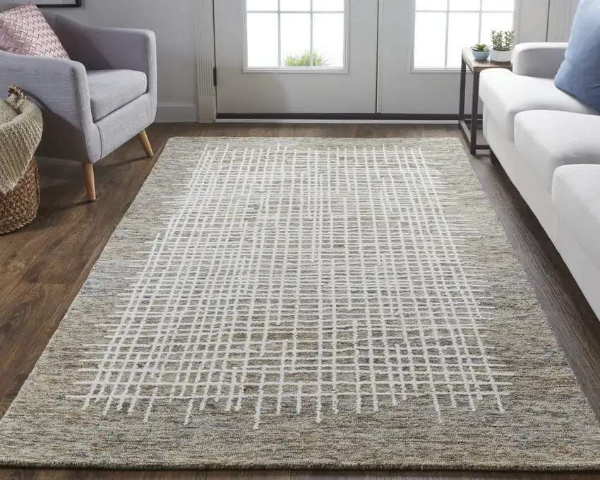 Tan And Ivory Wool Plaid Tufted Handmade Stain Resistant Area Rug Photo 6