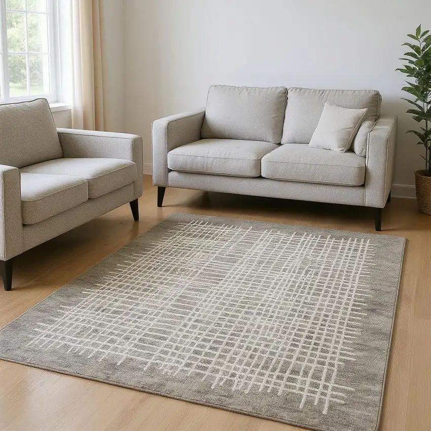 Ivory And Tan Wool Crosshatch Hand Tufted Area Rug Photo 1