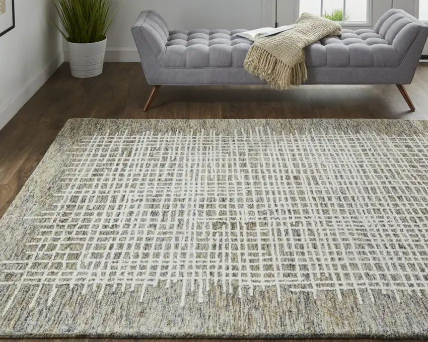 Tan And Ivory Wool Plaid Tufted Handmade Stain Resistant Area Rug Photo 7