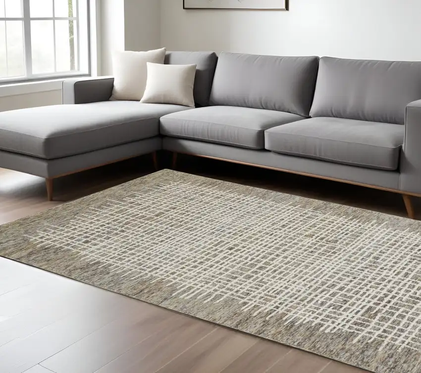 Tan and Ivory Wool Plaid Hand Tufted Area Rug Photo 1