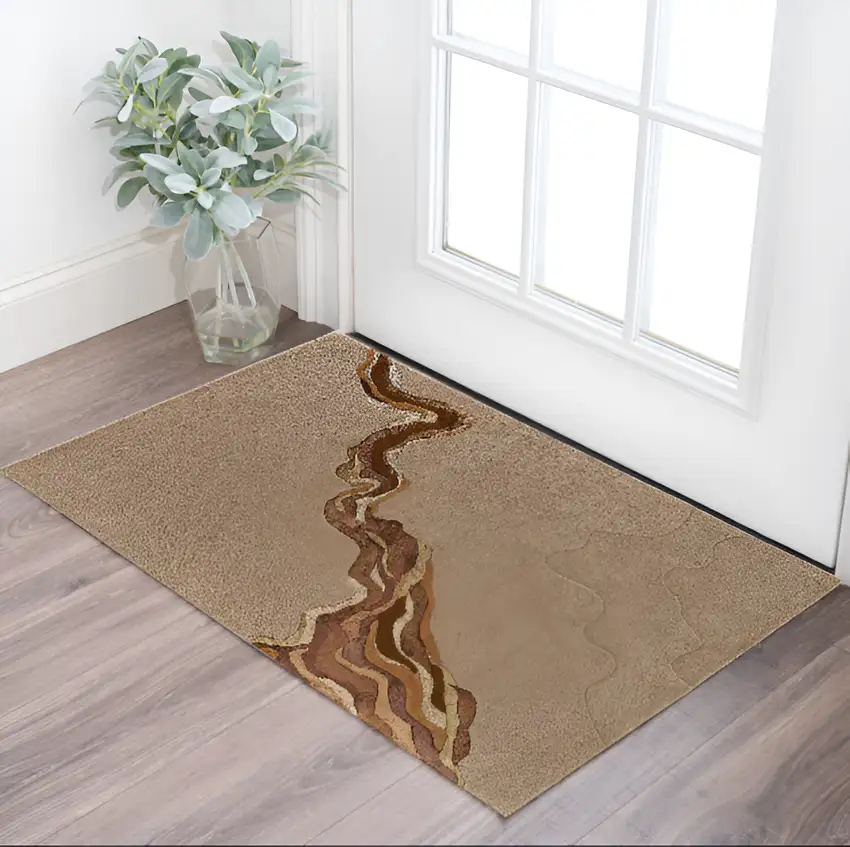 Tan and Orange Wool Abstract Hand Tufted Area Rug Photo 2