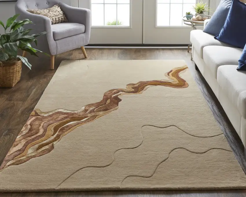 Tan And Orange Wool Abstract Tufted Handmade Area Rug Photo 5