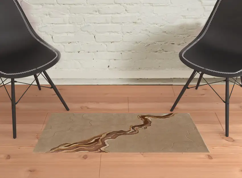 Tan And Orange Wool Abstract Tufted Handmade Area Rug Photo 2