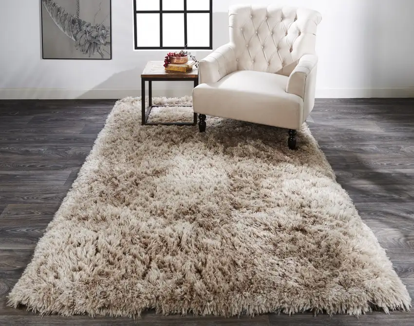 Tan And Taupe Shag Tufted Handmade Stain Resistant Area Rug Photo 3