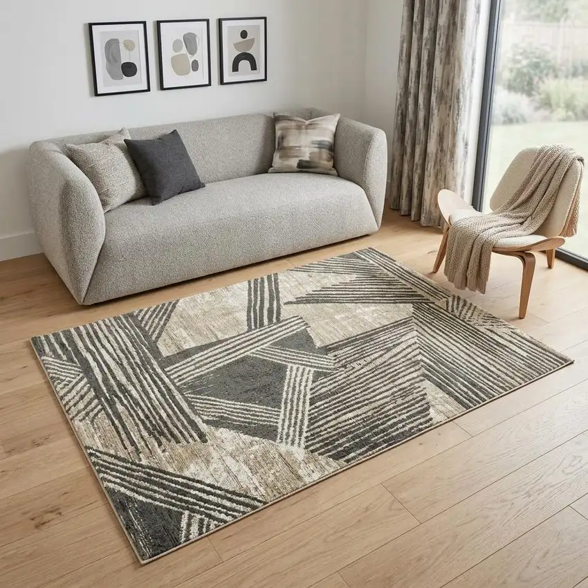 Tan And White Abstract Washable Area Rug With UV Protection Photo 1