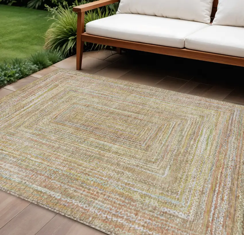 Tan Beige And Gold Geometric Washable Indoor Outdoor Area Rug Photo 2