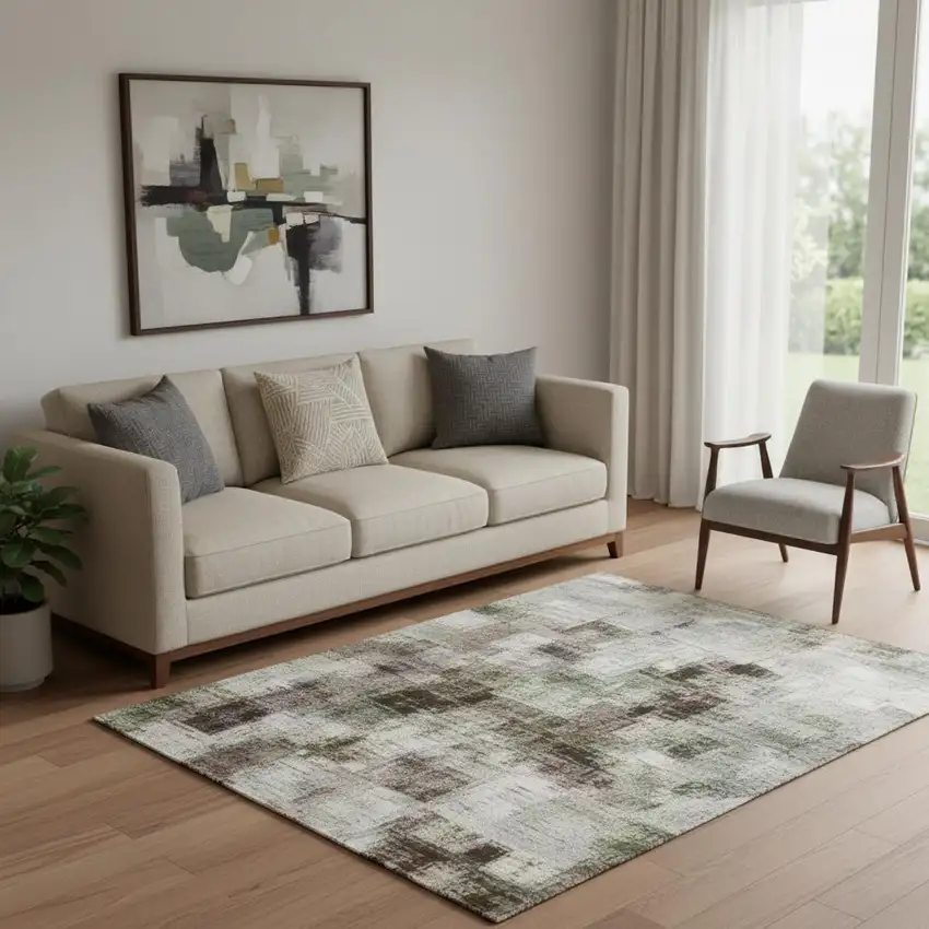 Tan Beige And Gray Abstract Washable Area Rug With UV Protection Photo 2