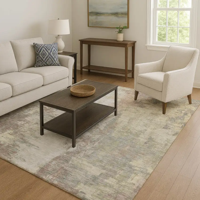 Tan Beige And Gray Abstract Washable Area Rug With UV Protection Photo 6