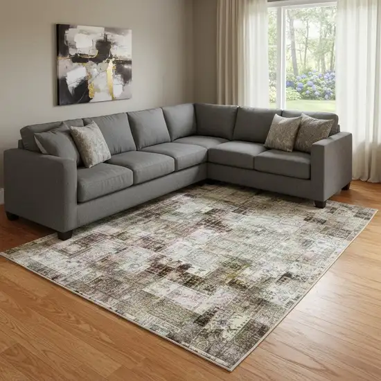 Tan Beige And Gray Abstract Washable Area Rug With UV Protection Photo 2