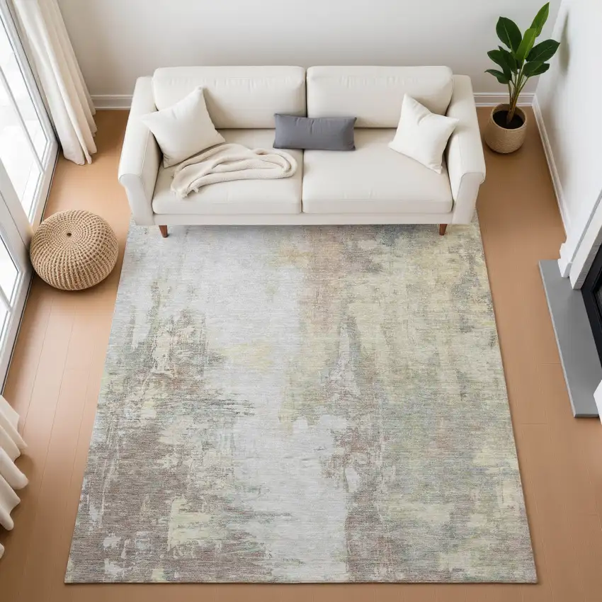 Tan Beige And Gray Abstract Washable Area Rug With UV Protection Photo 5