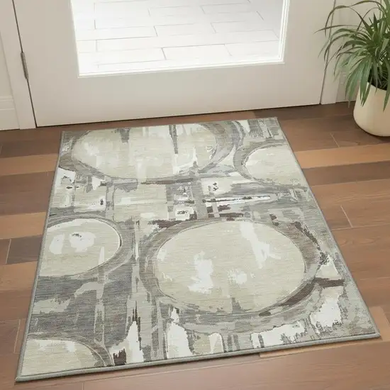 Tan Beige And Gray Geometric Washable Area Rug With UV Protection Photo 2