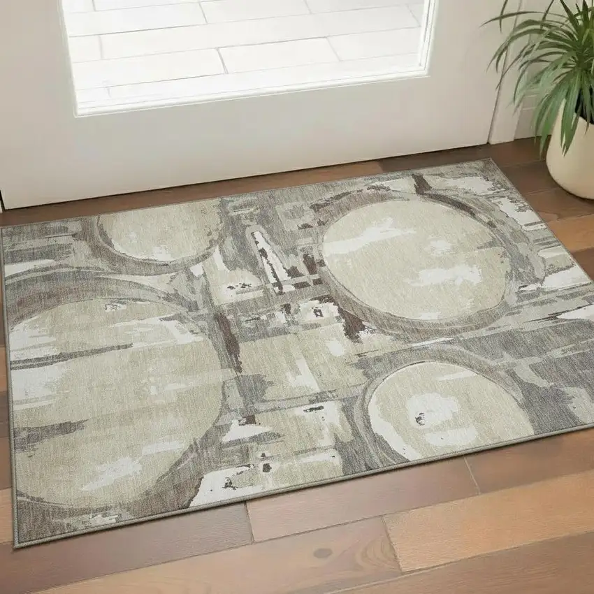 Tan Beige And Gray Geometric Washable Area Rug With UV Protection Photo 1